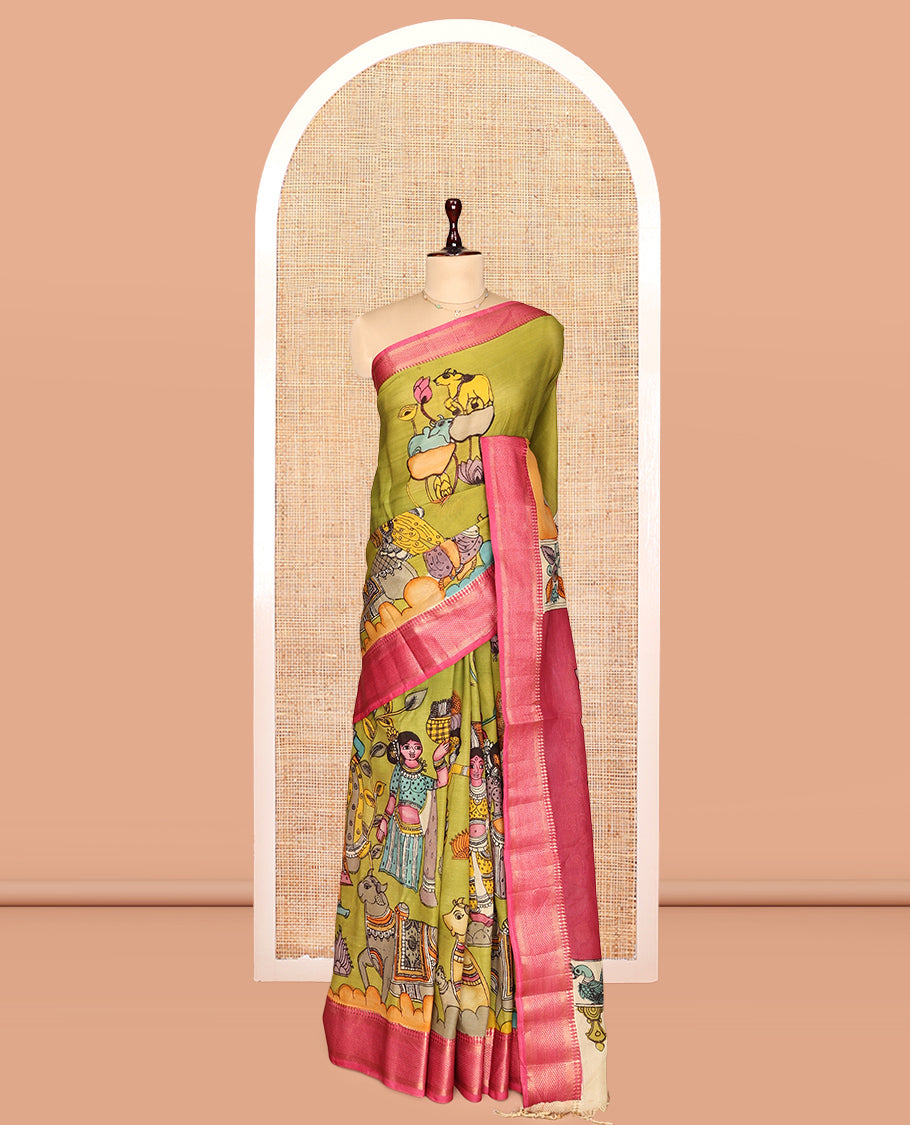 Green Kalamkari Silk Saree, Subtly Enriched with Pichwai Cow and Human Figurines, a Contrast Traditional Border, Peacock Pallu, and a Contrast Blouse