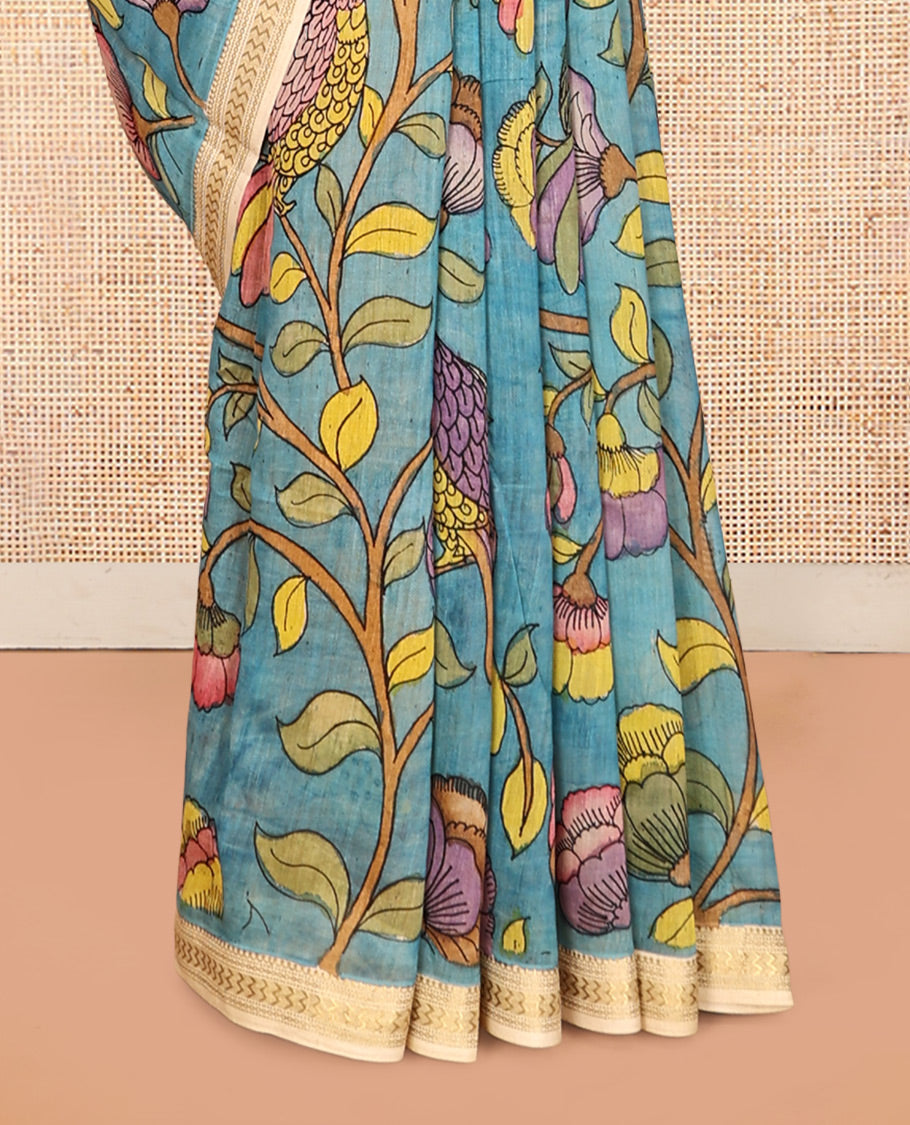 Blue Floral-Bird Pen Kalamkari Silk Saree, a Contrast Border, Lord Krishna-Disciple Pallu, Contrast Blouse