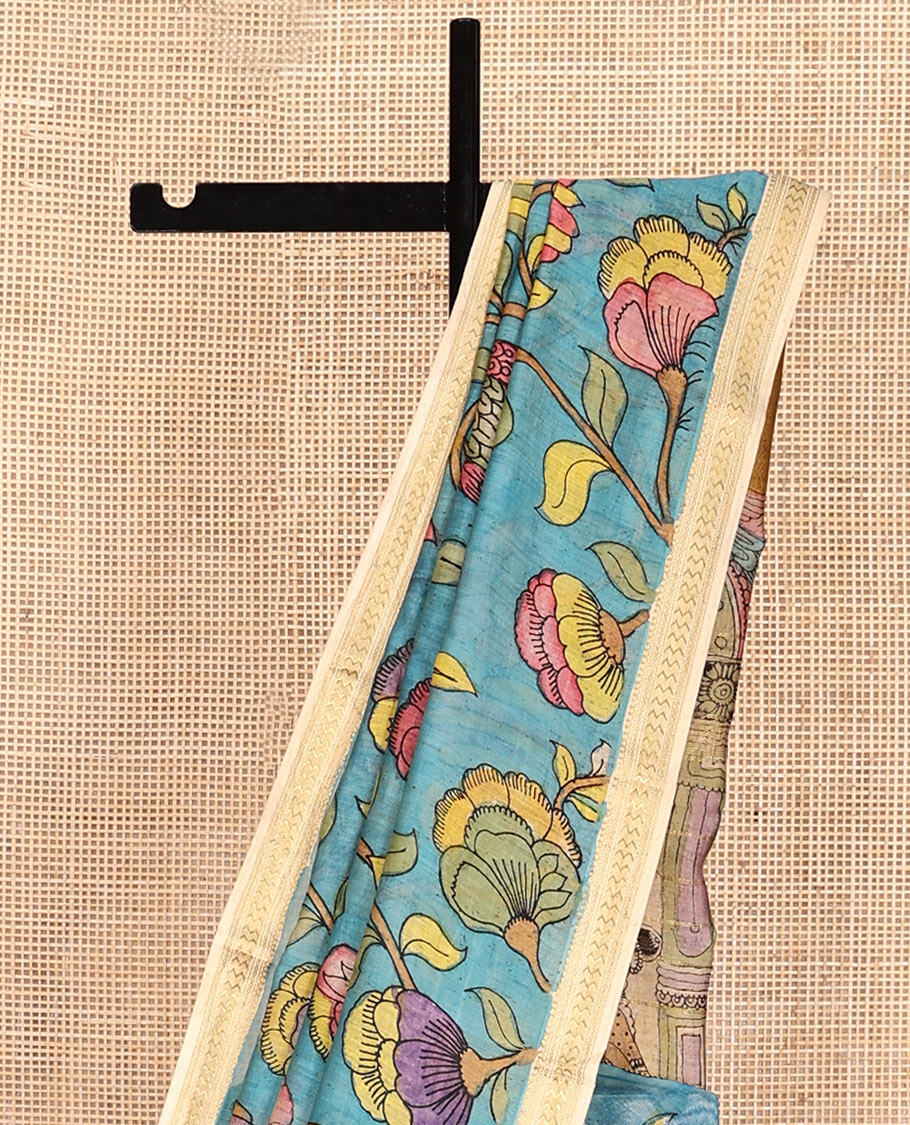Blue Floral-Bird Pen Kalamkari Silk Saree, a Contrast Border, Lord Krishna-Disciple Pallu, Contrast Blouse