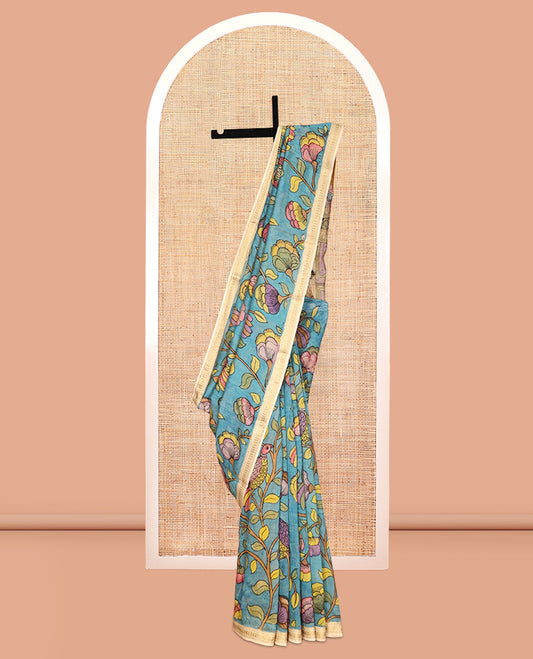 Blue Floral-Bird Pen Kalamkari Silk Saree, a Contrast Border, Lord Krishna-Disciple Pallu, Contrast Blouse
