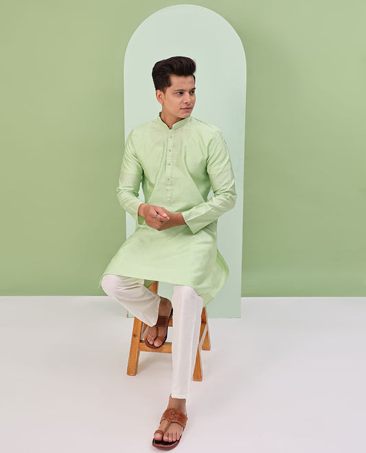 Pistachio green embossed design full-sleeved kurta