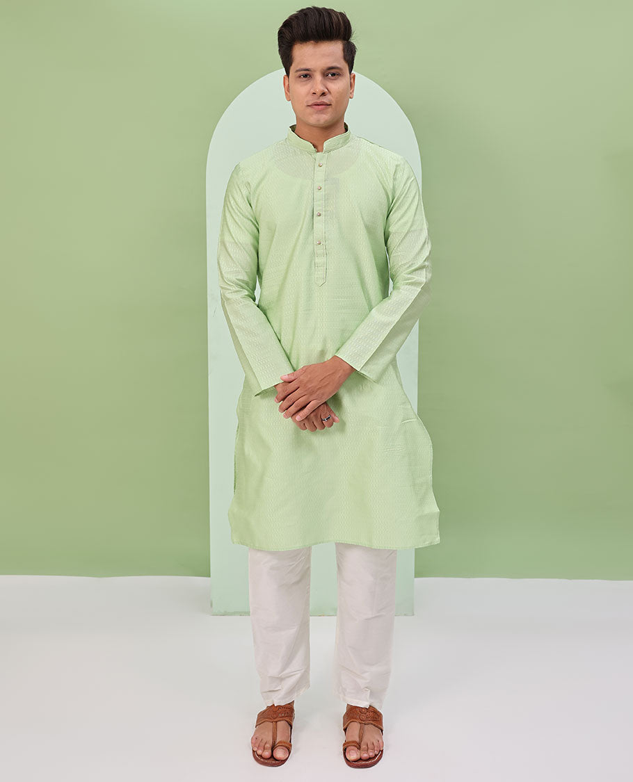Pistachio green embossed design full-sleeved kurta