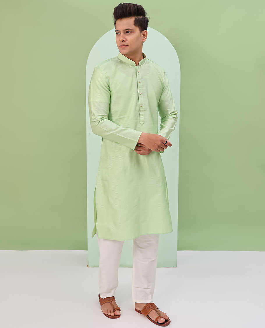 Pistachio green embossed design full-sleeved kurta