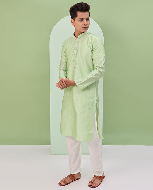 Pistachio green embossed design full-sleeved kurta