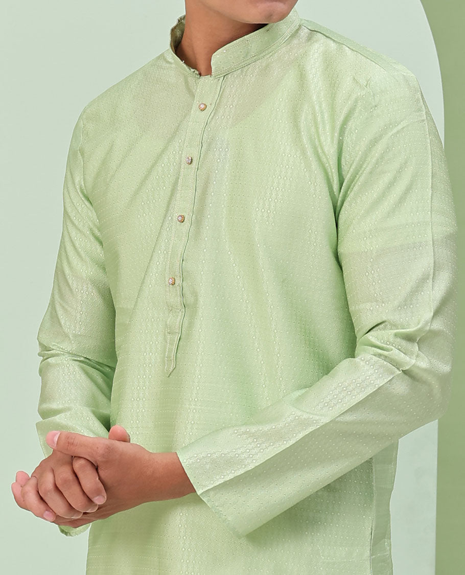 Pistachio green embossed design full-sleeved kurta
