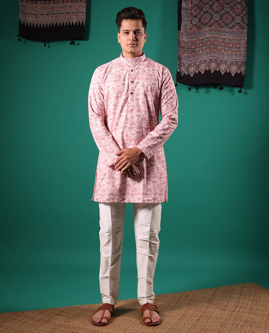 Baby pink crushed textured with tropical floral printed full-sleeved men's kurta