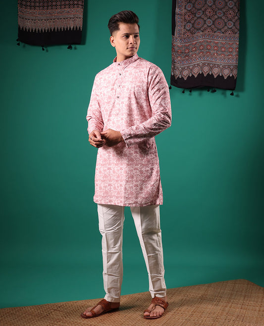 Baby pink crushed textured with tropical floral printed full-sleeved men's kurta