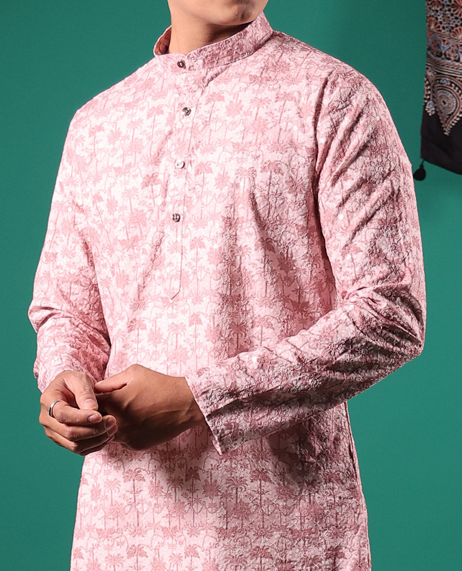 Baby pink crushed textured with tropical floral printed full-sleeved men's kurta