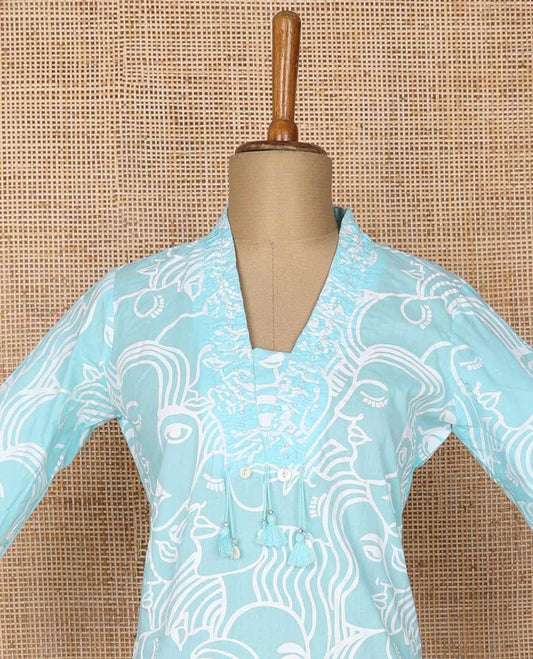 Blue unique design v neck , 3/4 th sleeve ,below knee length kurti