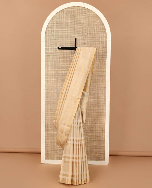 Sandal zari striped and buttas soft silk saree, zari piping border and pallu of diagonal stripes