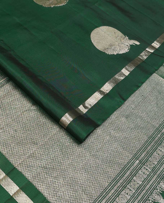 Green moon and peacock zari buttas soft silk saree, chevron zari striped border, self-pallu of chevron stripes