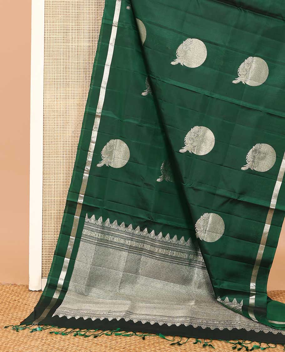 Green moon and peacock zari buttas soft silk saree, chevron zari striped border, self-pallu of chevron stripes