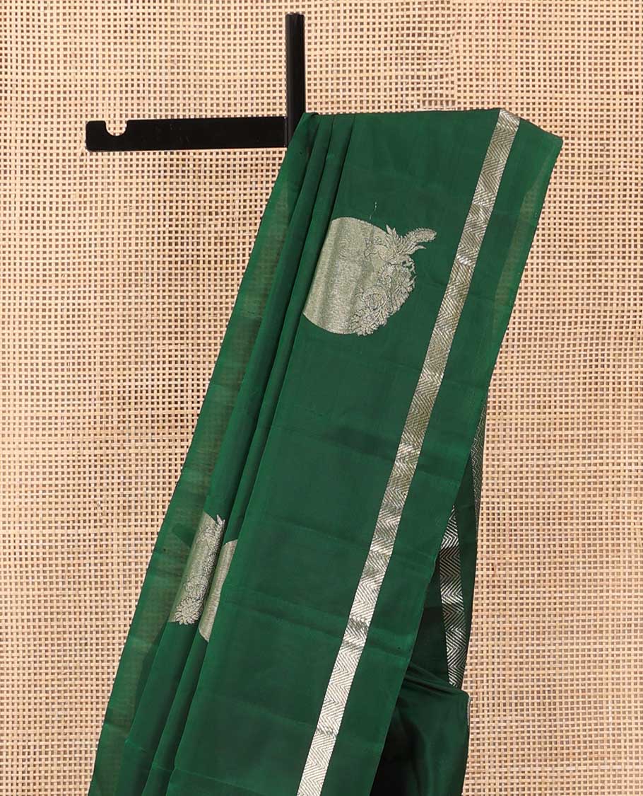 Green moon and peacock zari buttas soft silk saree, chevron zari striped border, self-pallu of chevron stripes