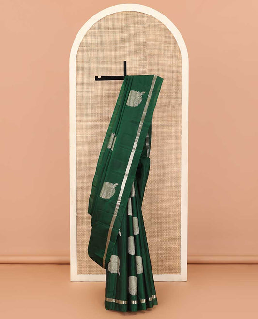 Green moon and peacock zari buttas soft silk saree, chevron zari striped border, self-pallu of chevron stripes