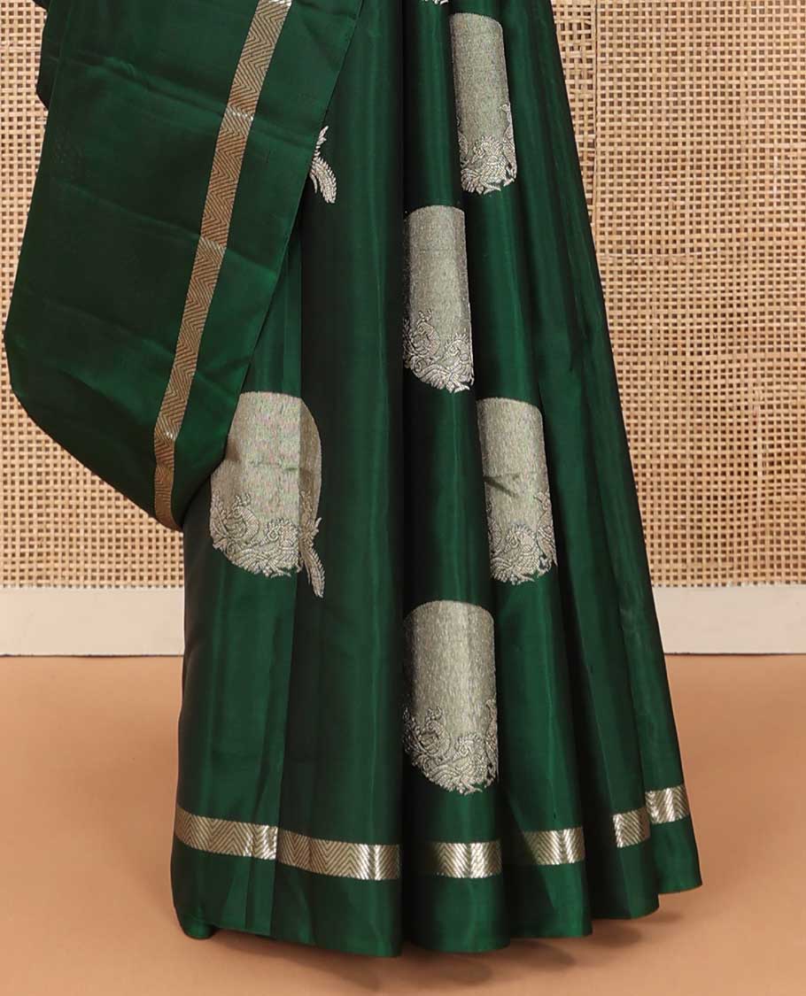 Green moon and peacock zari buttas soft silk saree, chevron zari striped border, self-pallu of chevron stripes