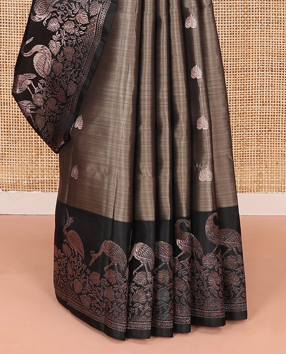 Grey zari buttas soft silk saree, contrast floral and bird motifs border, and pallu of jaal, floral, and bird designs