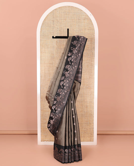Grey zari buttas soft silk saree, contrast floral and bird motifs border, and pallu of jaal, floral, and bird designs