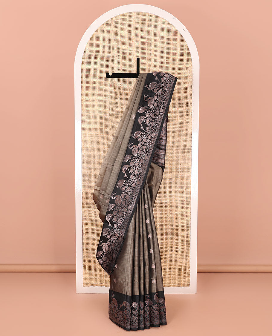 Grey zari buttas soft silk saree, contrast floral and bird motifs border, and pallu of jaal, floral, and bird designs