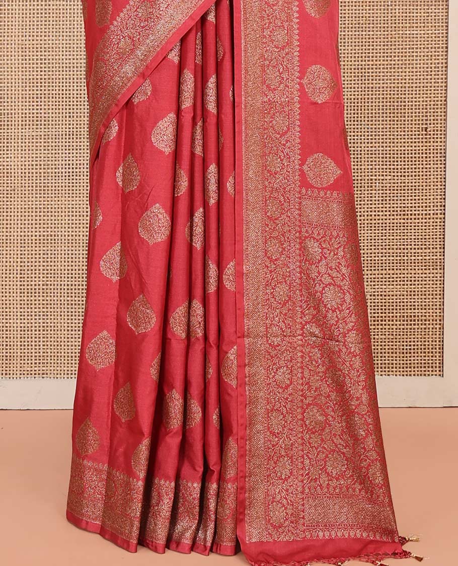 Pink Mushru Silk Saree, Embellished with Floral Zari Buttas on Its Body, Sparsely Sparkled Zari Border of Floral Creeper Designs, Intricately Woven Pallu of Floral Jaal Designs, and Paired with a Matching Blouse