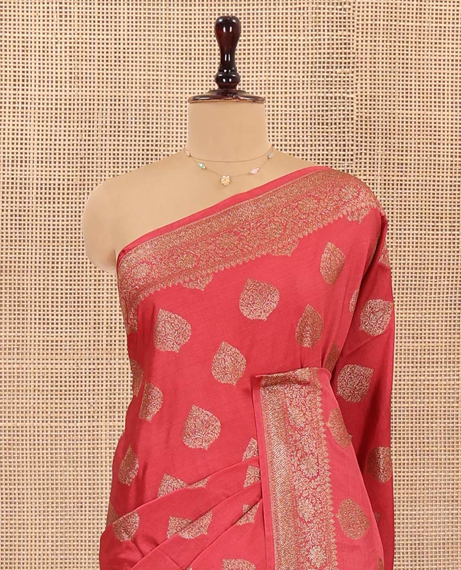 Pink Mushru Silk Saree, Embellished with Floral Zari Buttas on Its Body, Sparsely Sparkled Zari Border of Floral Creeper Designs, Intricately Woven Pallu of Floral Jaal Designs, and Paired with a Matching Blouse