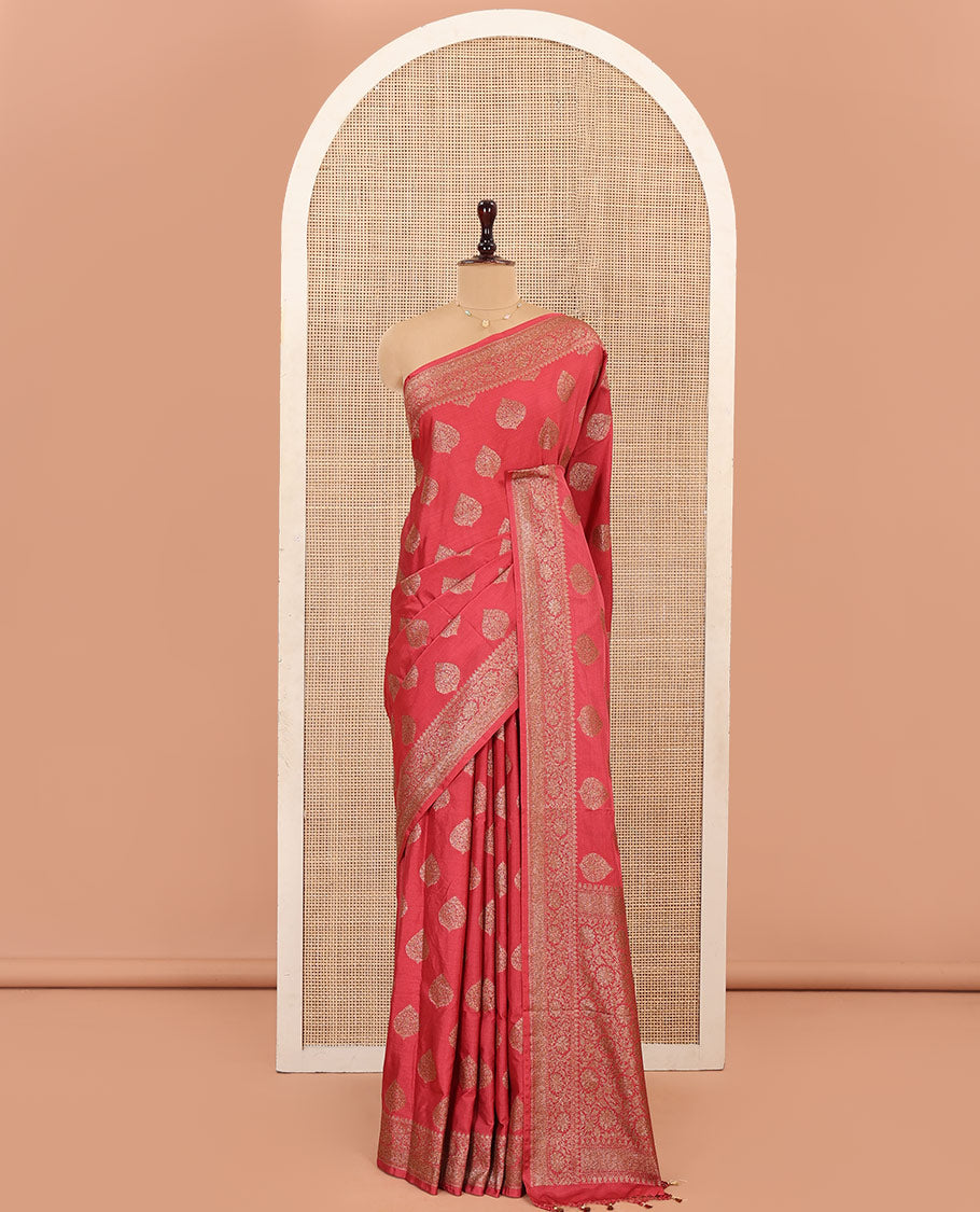 Pink Mushru Silk Saree, Embellished with Floral Zari Buttas on Its Body, Sparsely Sparkled Zari Border of Floral Creeper Designs, Intricately Woven Pallu of Floral Jaal Designs, and Paired with a Matching Blouse