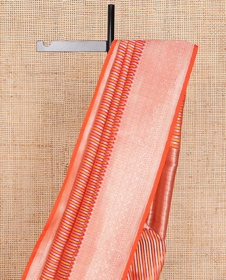 Orange geometric patterns striped organza saree, contrast traditional zari design border & zari-rich intricate pallu