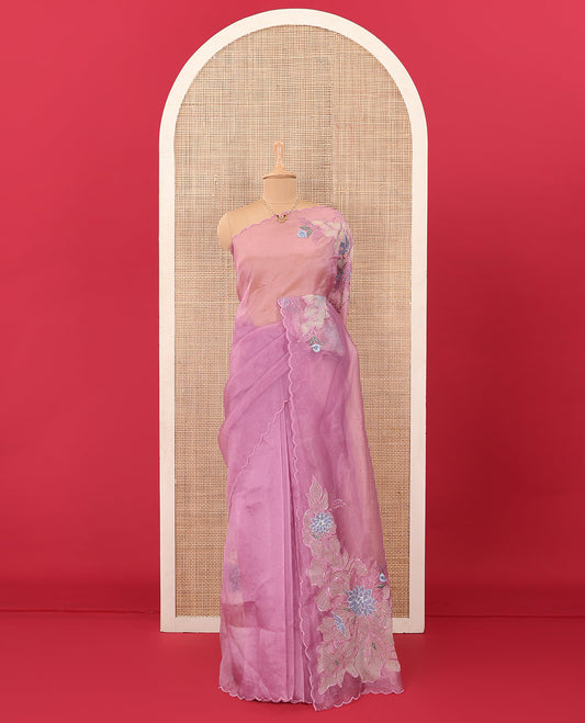 Pink tropical floral motifs thread embroidered organza saree, scallop border, and floral embroidered pallu