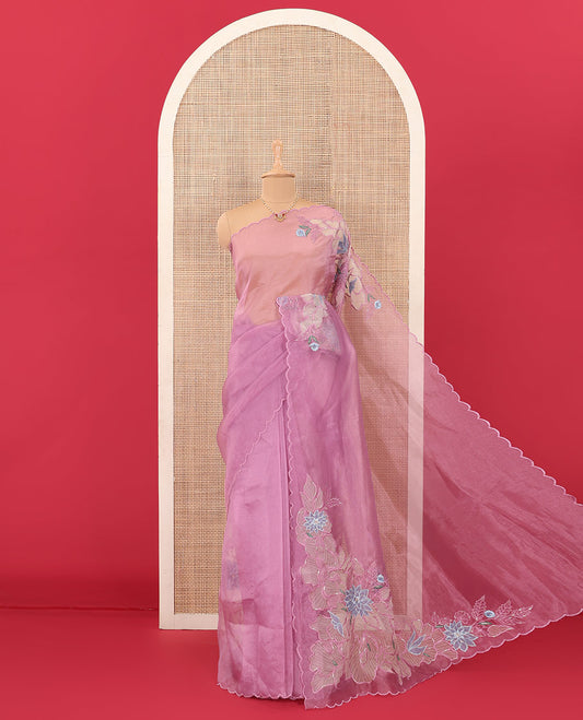 Pink tropical floral motifs thread embroidered organza saree, scallop border, and floral embroidered pallu