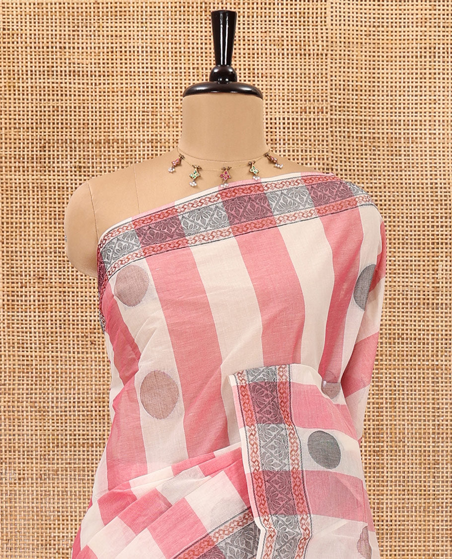 Pink striped and polka thread dotted woven nagama cotton saree , traditional thread border, pallu of floral and leaf design, and plain blouse