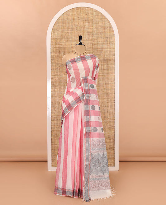 Pink striped and polka thread dotted woven nagama cotton saree , traditional thread border, pallu of floral and leaf design, and plain blouse