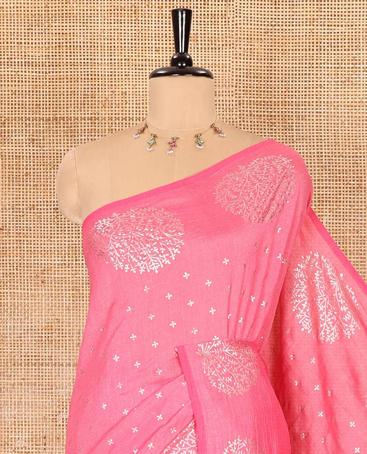 Pink plus buttas woven Vichitra silk saree, kalpavriksha tree motifs woven on its border, self-pallu, and no blouse