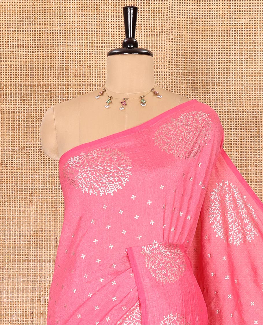 Pink plus buttas woven Vichitra silk saree, kalpavriksha tree motifs woven on its border, self-pallu, and no blouse