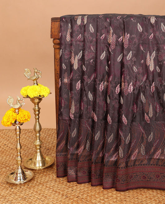 Wine color copper thread leaf design mulberry satin silk saree with zari border & rich pallu along with emboss zari border blouse