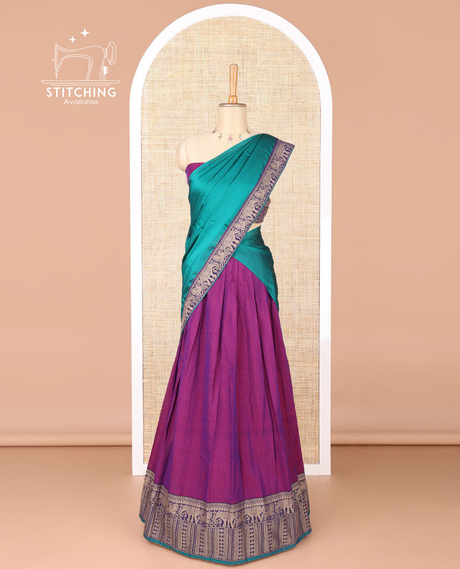 Dark purple mercerised cotton daman resham border half saree with cotton blouse & skya georgette one side resam border work