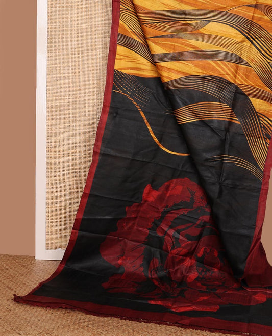 Yellow abstract painting-style printed silk saree, contrast plain border & pallu printed like a painting-style rose motif