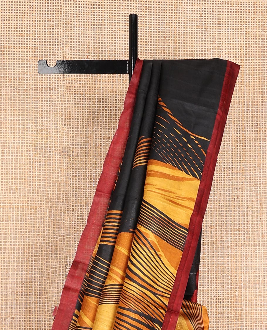 Yellow abstract painting-style printed silk saree, contrast plain border & pallu printed like a painting-style rose motif