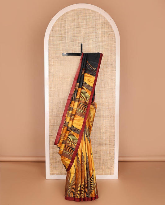 Yellow abstract painting-style printed silk saree, contrast plain border & pallu printed like a painting-style rose motif