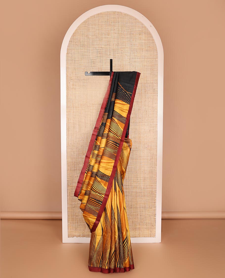 Yellow abstract painting-style printed silk saree, contrast plain border & pallu printed like a painting-style rose motif