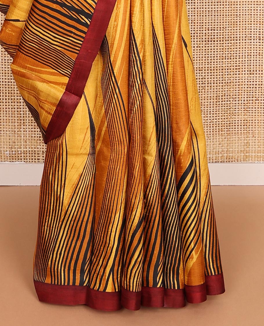 Yellow abstract painting-style printed silk saree, contrast plain border & pallu printed like a painting-style rose motif