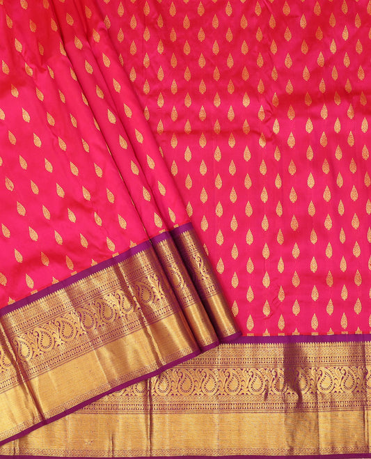Pink pure silk half saree, zari buttas skirt, contrast border & blouse of thilakam mokku,Muthu,ara bogudi,star vanki & mango design, intricate zari woven dhavani