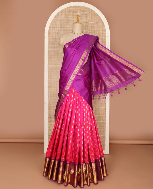 Pink pure silk half saree, zari buttas skirt, contrast border & blouse of thilakam mokku,Muthu,ara bogudi,star vanki & mango design, intricate zari woven dhavani