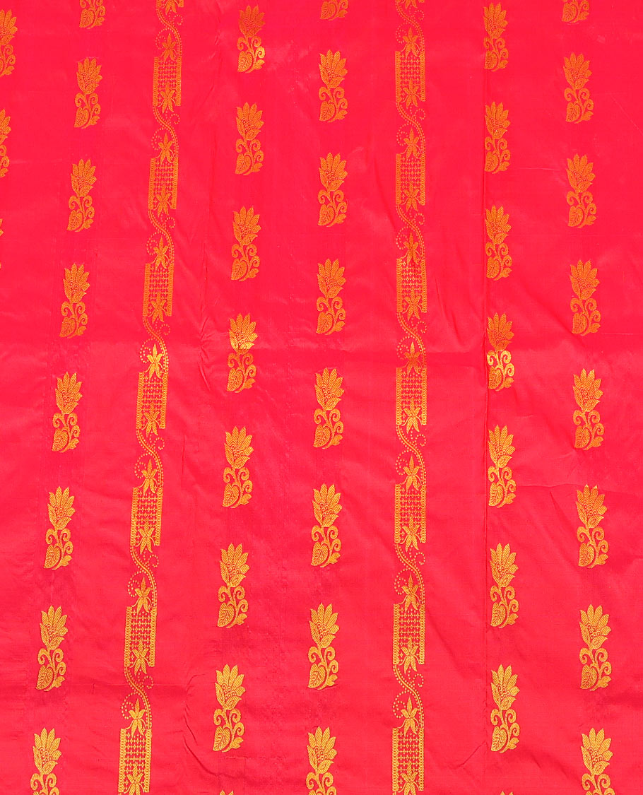 Red zari buttas pure-silk half-saree with contrast border of thilakam mokku, kathir, vanki, floral, and mayil chakram designs, contrast zari bordered blouse, and a jaal dhavani