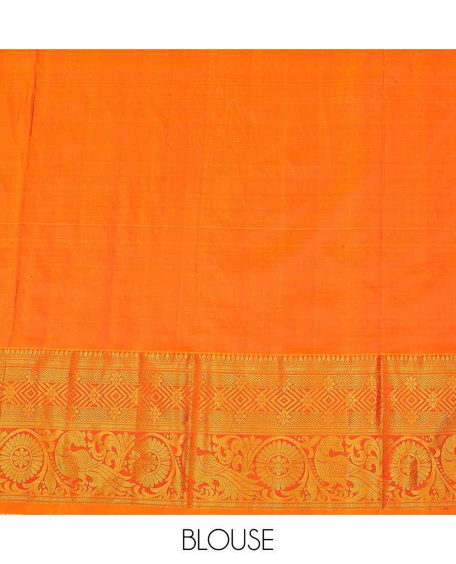Red zari buttas pure-silk half-saree with contrast border of thilakam mokku, kathir, vanki, floral, and mayil chakram designs, contrast zari bordered blouse, and a jaal dhavani