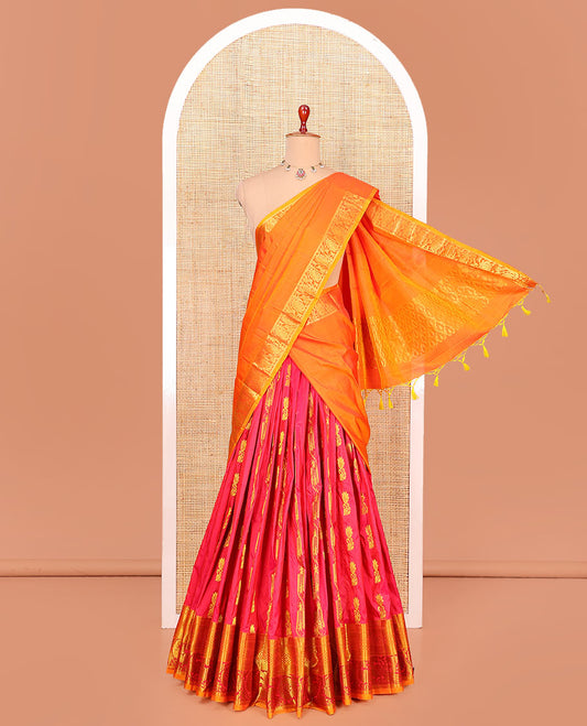 Red zari buttas pure-silk half-saree with contrast border of thilakam mokku, kathir, vanki, floral, and mayil chakram designs, contrast zari bordered blouse, and a jaal dhavani