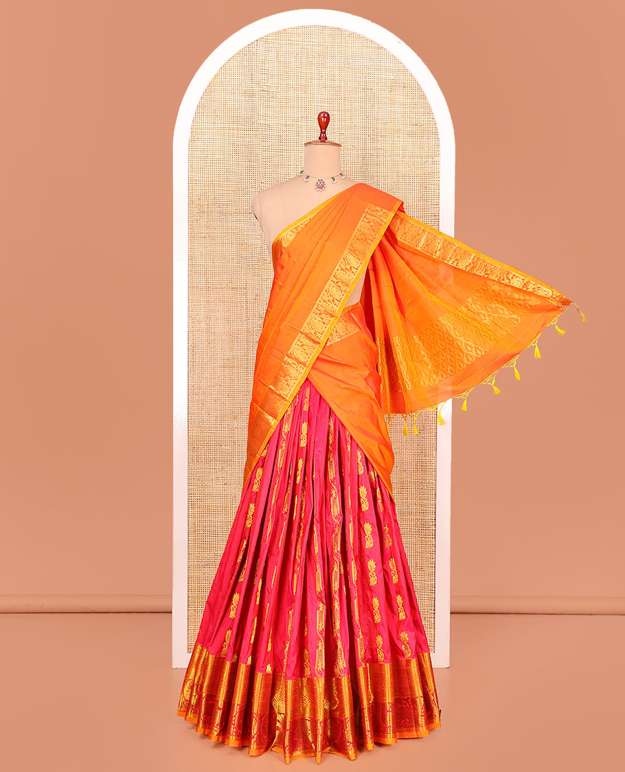 Red zari buttas pure-silk half-saree with contrast border of thilakam mokku, kathir, vanki, floral, and mayil chakram designs, contrast zari bordered blouse, and a jaal dhavani