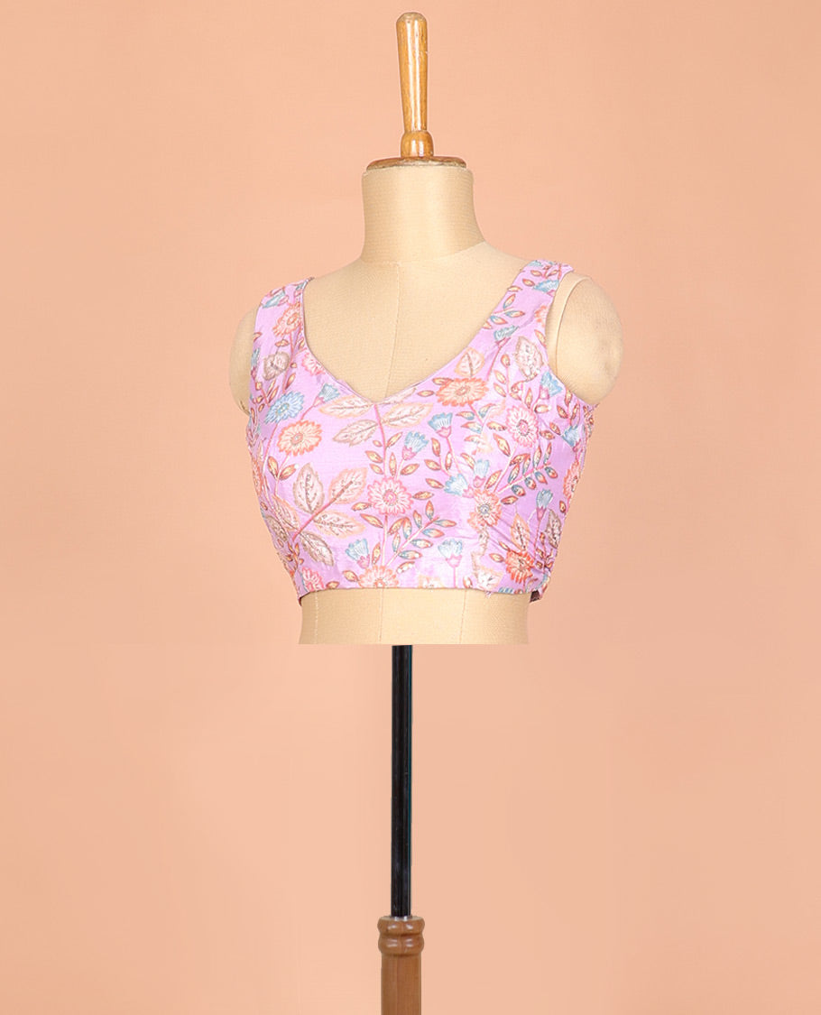 Pink floral motifs printed & embroidered front and back leaf-neck sleeveless readymade blouse