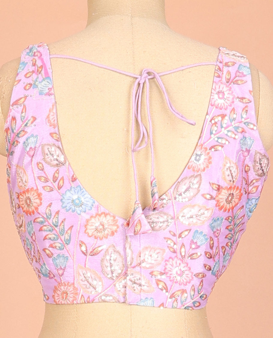 Pink floral motifs printed & embroidered front and back leaf-neck sleeveless readymade blouse