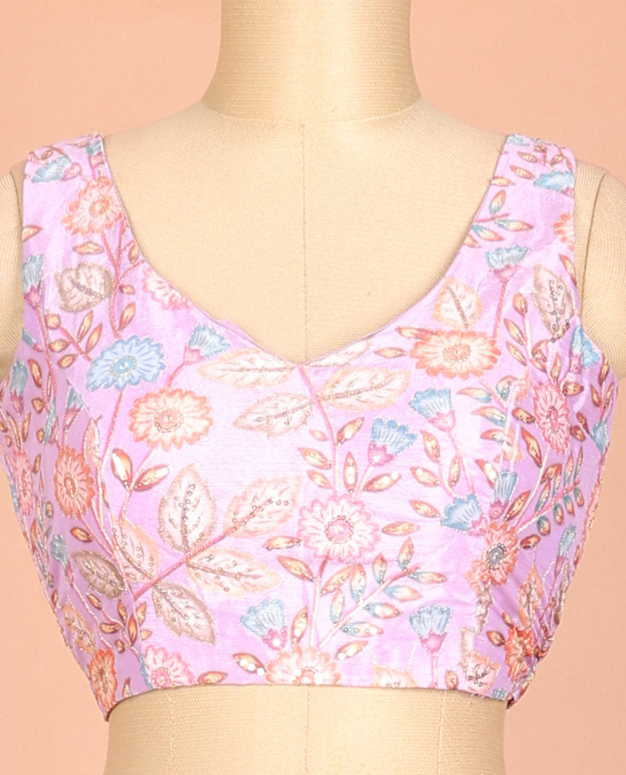 Pink floral motifs printed & embroidered front and back leaf-neck sleeveless readymade blouse