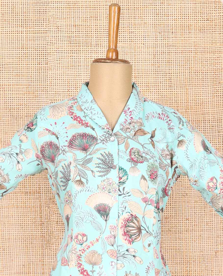 Blue floral design chinese neck, 3/4 th sleeve, below knee kurti with floral printed straight pant
