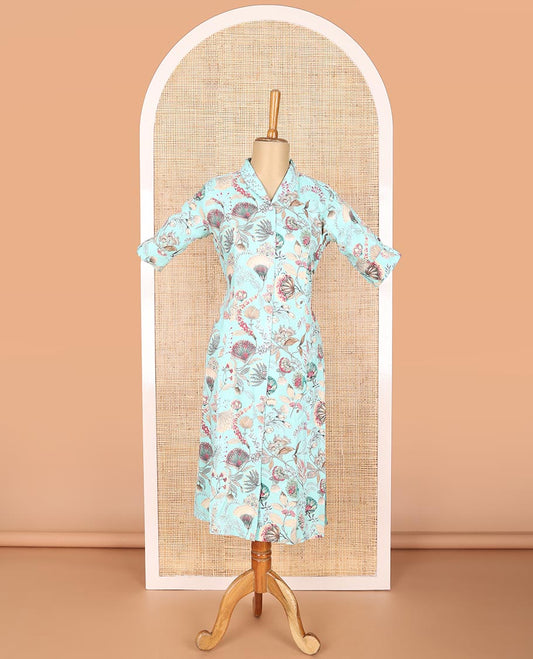 Blue floral design chinese neck, 3/4 th sleeve, below knee kurti with floral printed straight pant